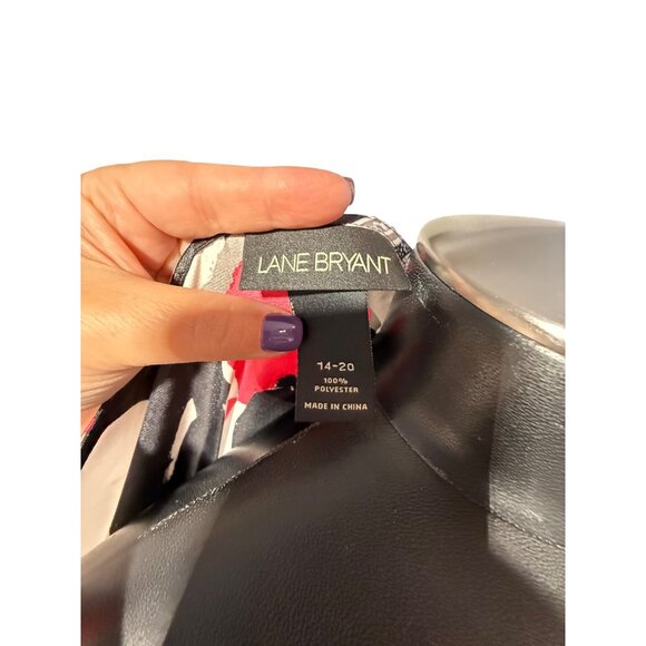 LANE BRYANT Satin Kimono Size 14–20 Red Black Abstract Print Belted Top - Picture 3 of 5